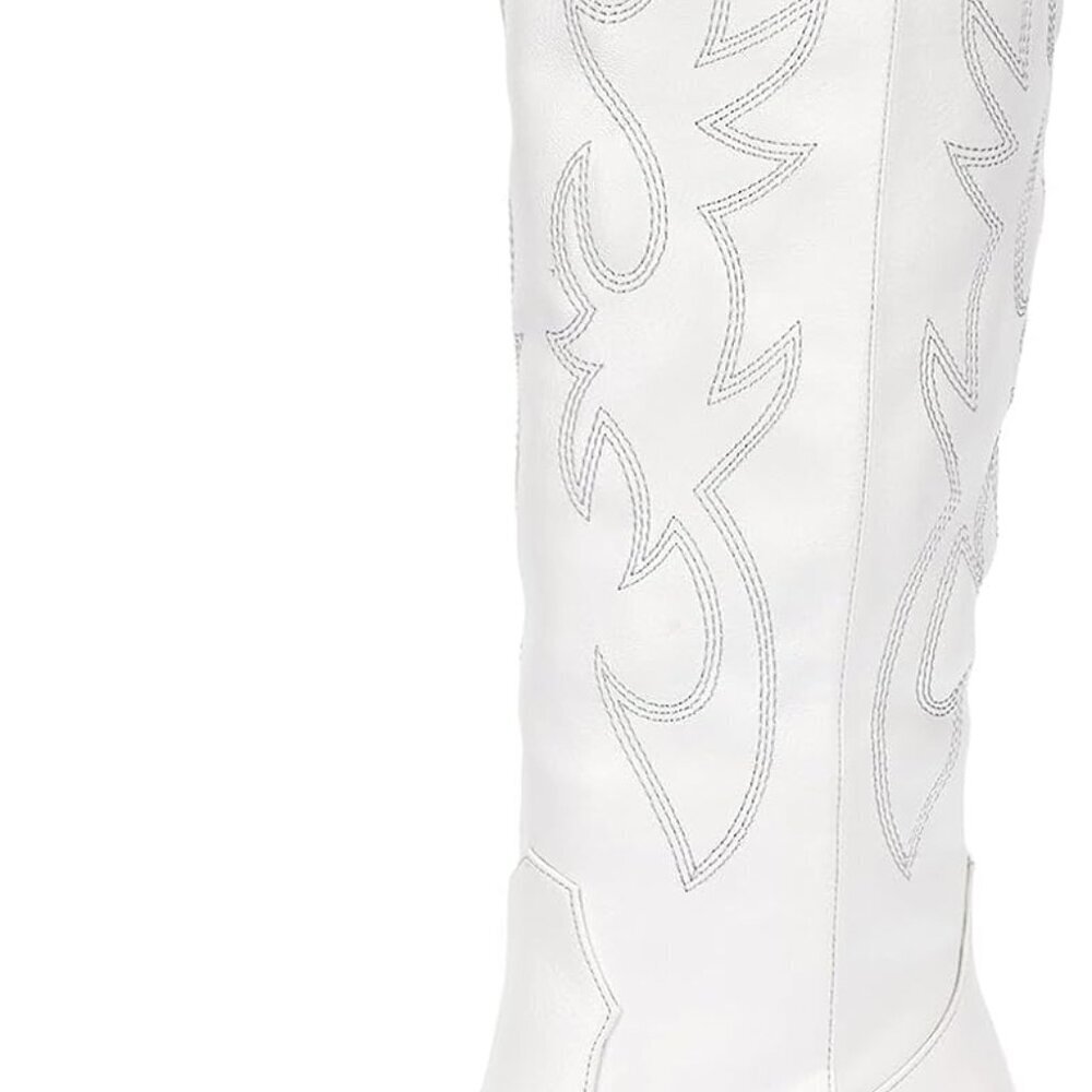 Western Cowgirl Boots Women Faux Leather Knee High Wide Calf Embroidered